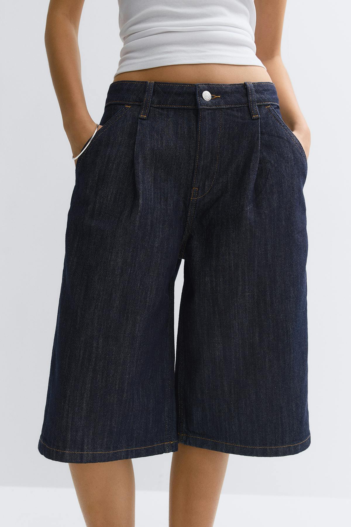 Tailored long denim shorts - Rinse