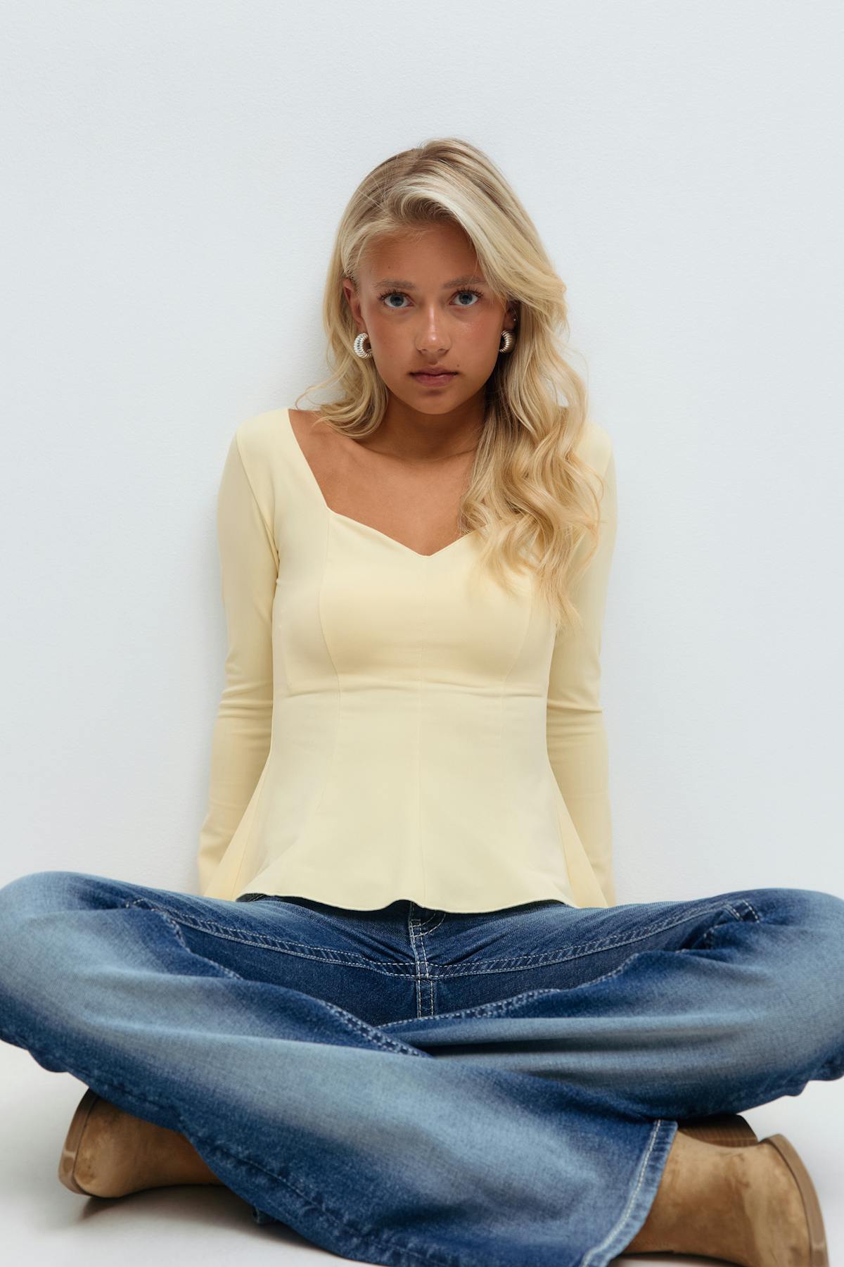 14+ long sleeve peplum top - Jaune clair
