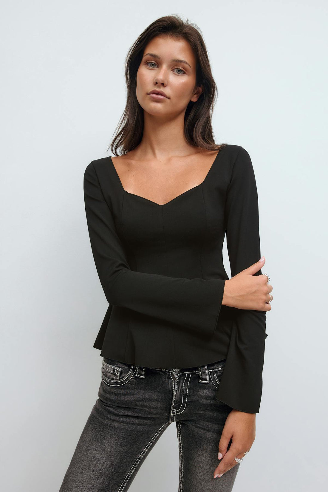 14+ long sleeve peplum top - Noir