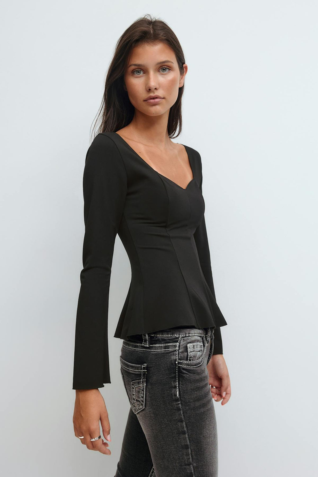 14+ long sleeve peplum top - Noir