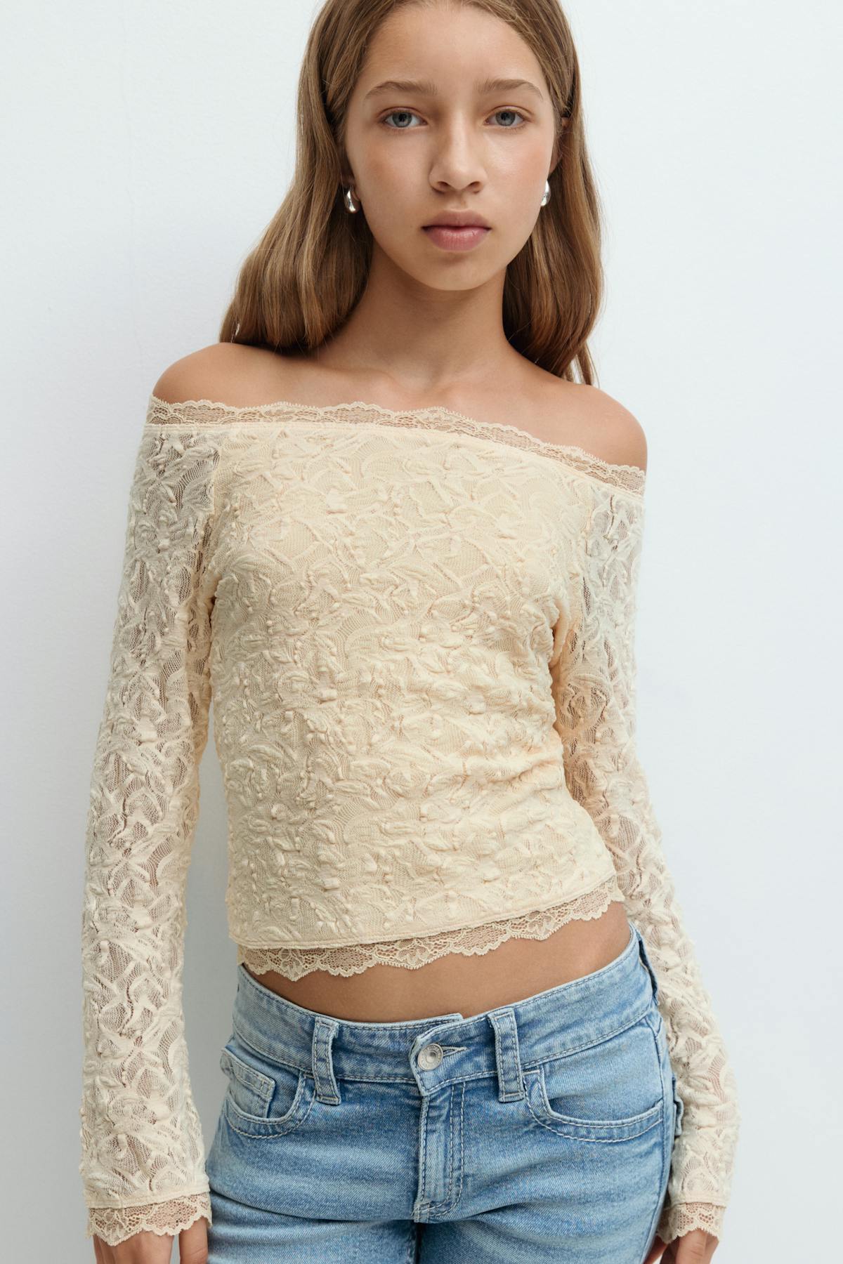 Y lace off shoulder top - Jaune clair
