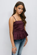 Y ruched satin top - Rouge foncé