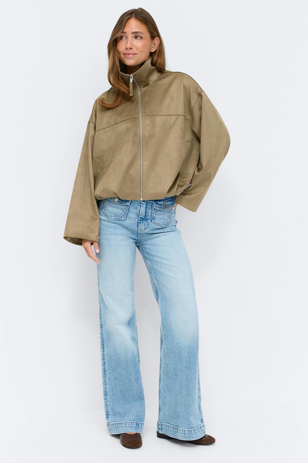 Faux suede high neck jacket - Olive green