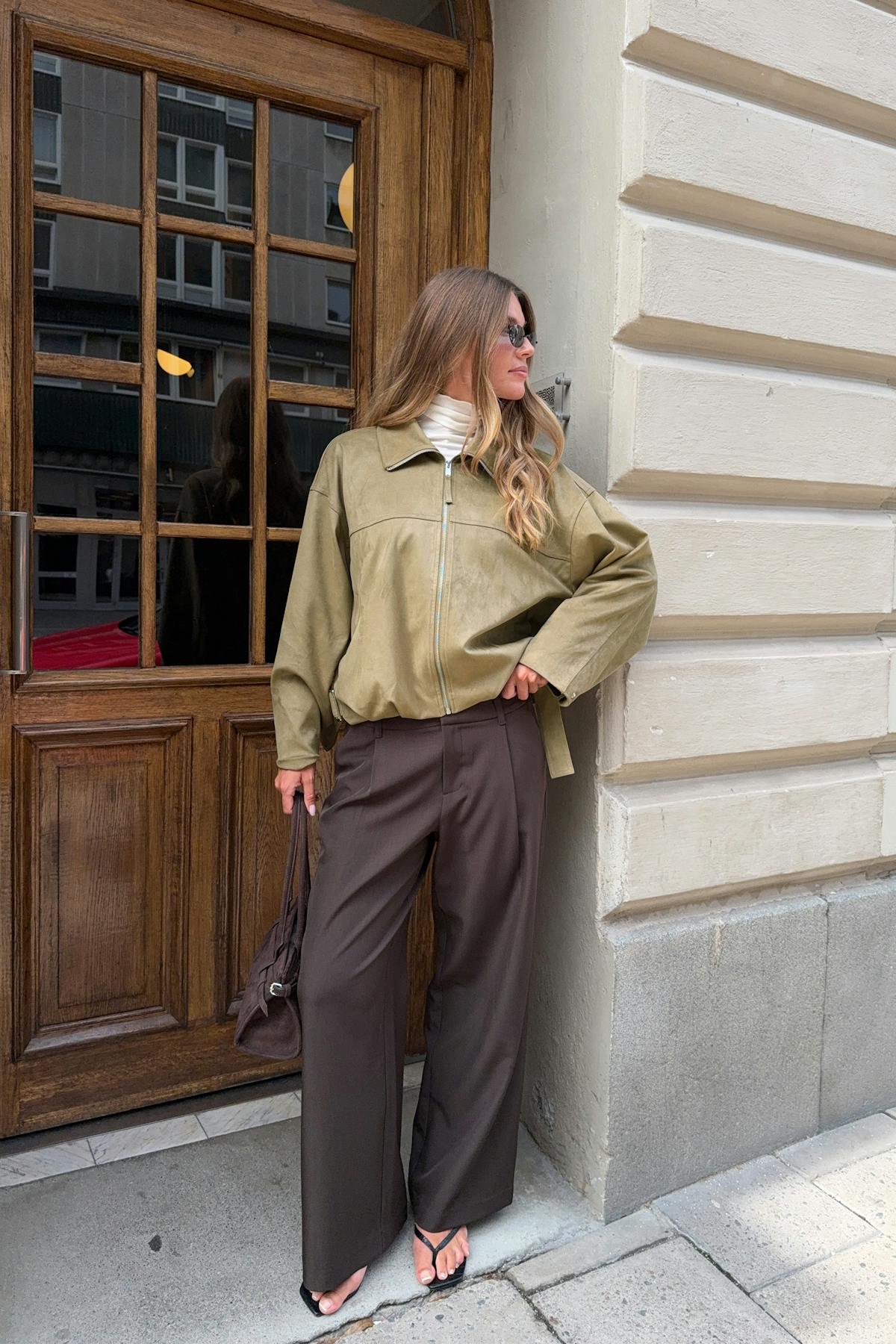 Faux suede high neck jacket - Olive green