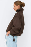 Faux suede high neck jacket - Marron foncé
