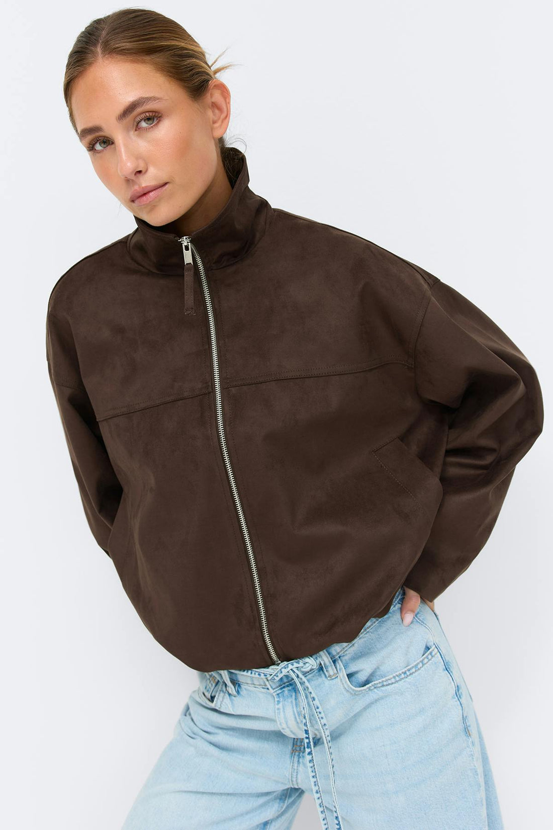 Faux suede high neck jacket - Marron foncé