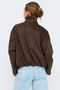 Faux suede high neck jacket - Marron foncé