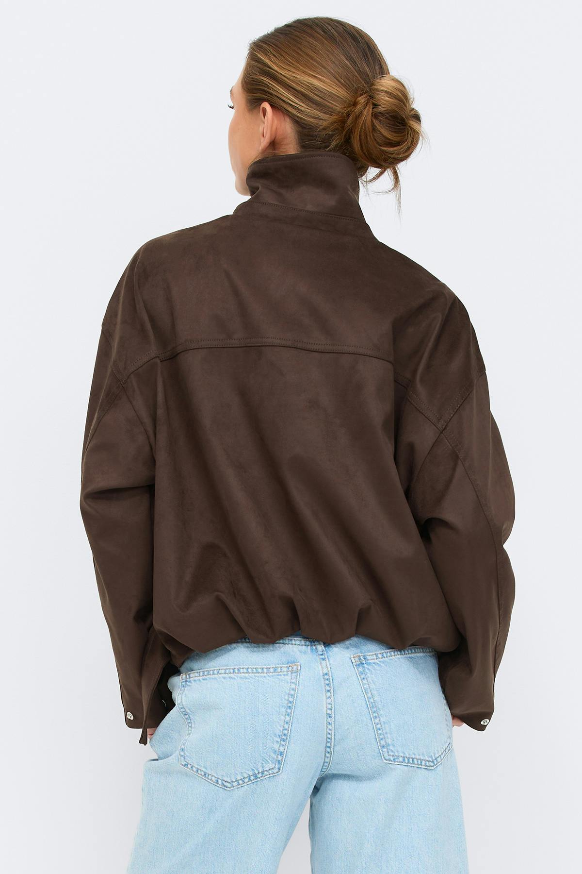 Faux suede high neck jacket - Marron foncé