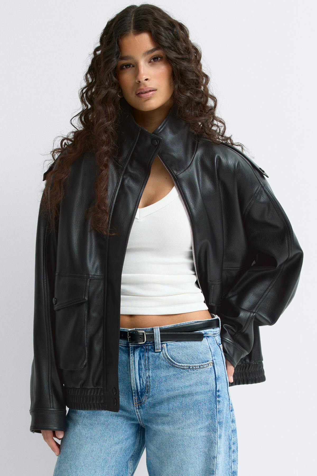 High neck pu jacket - Noir