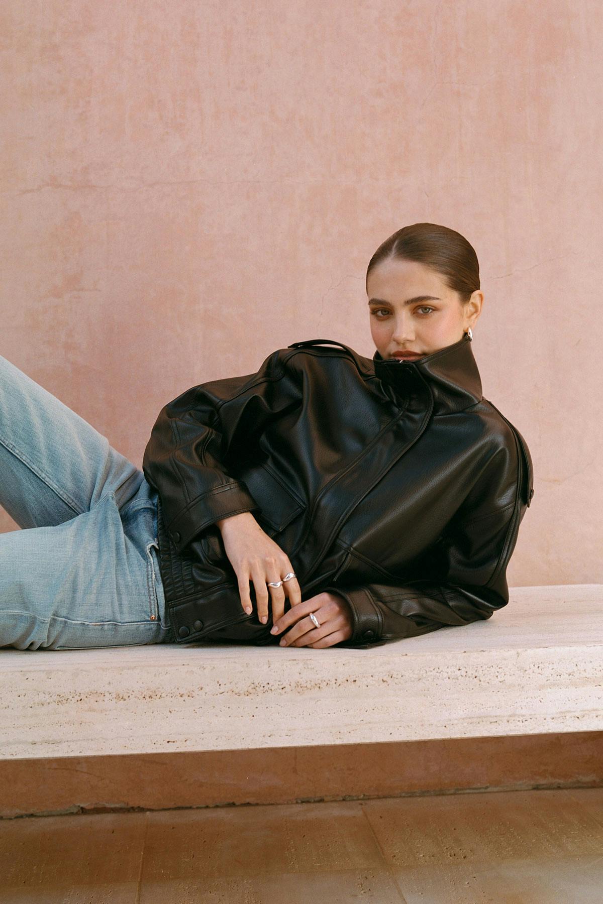 High neck pu jacket - Noir