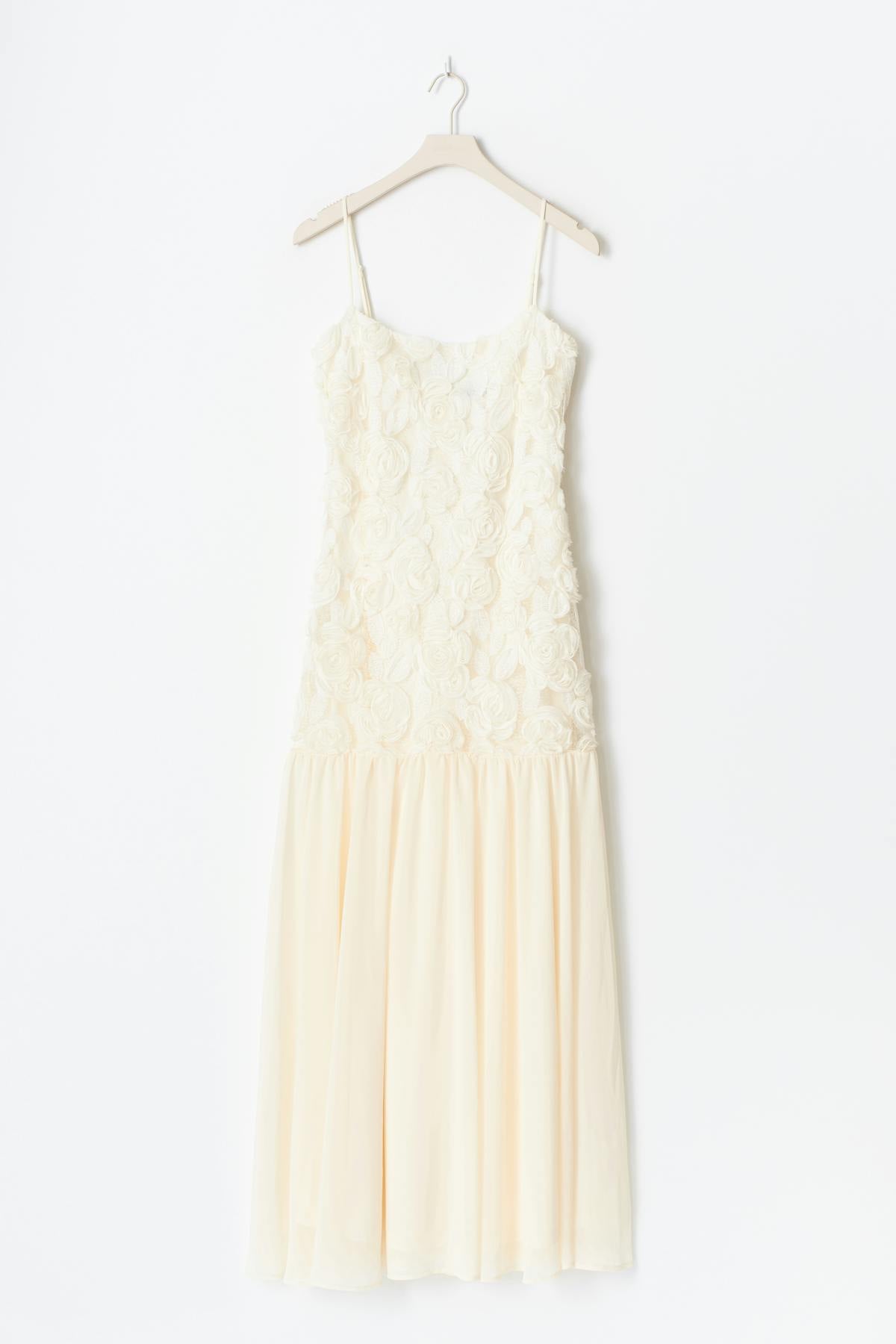 Embroidery dropped waist dress - Creme