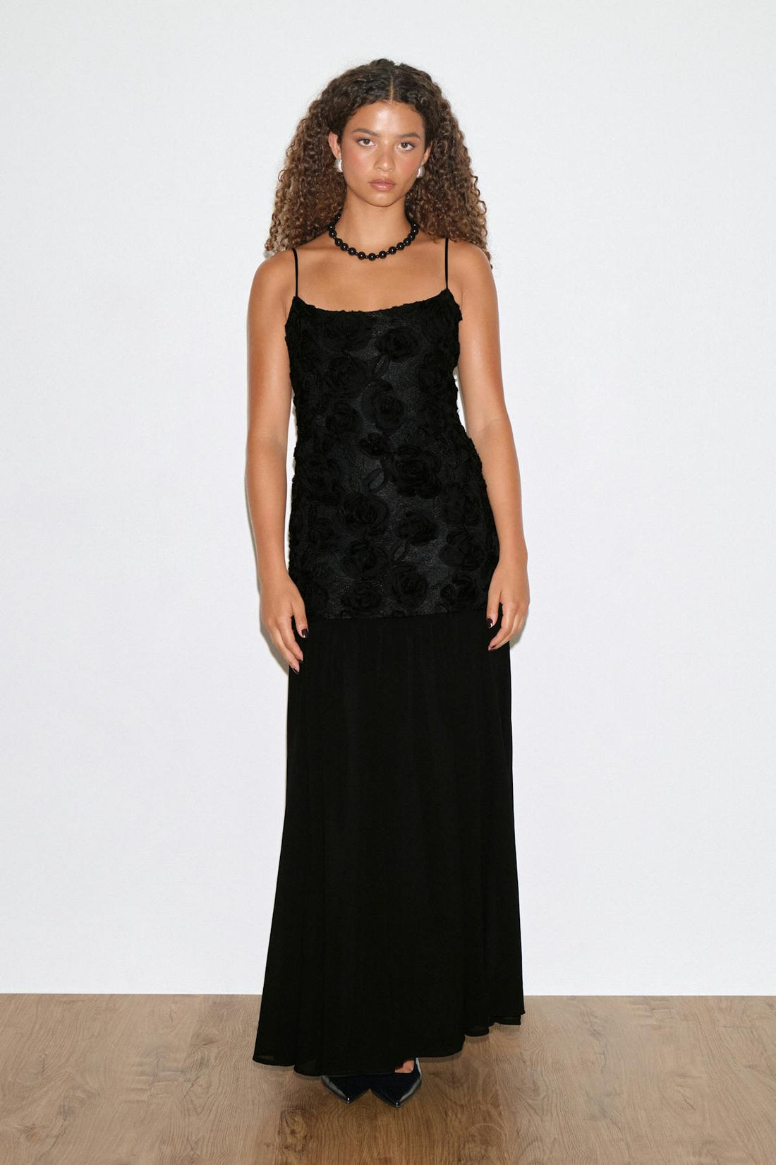 Embroidery dropped waist dress - Noir