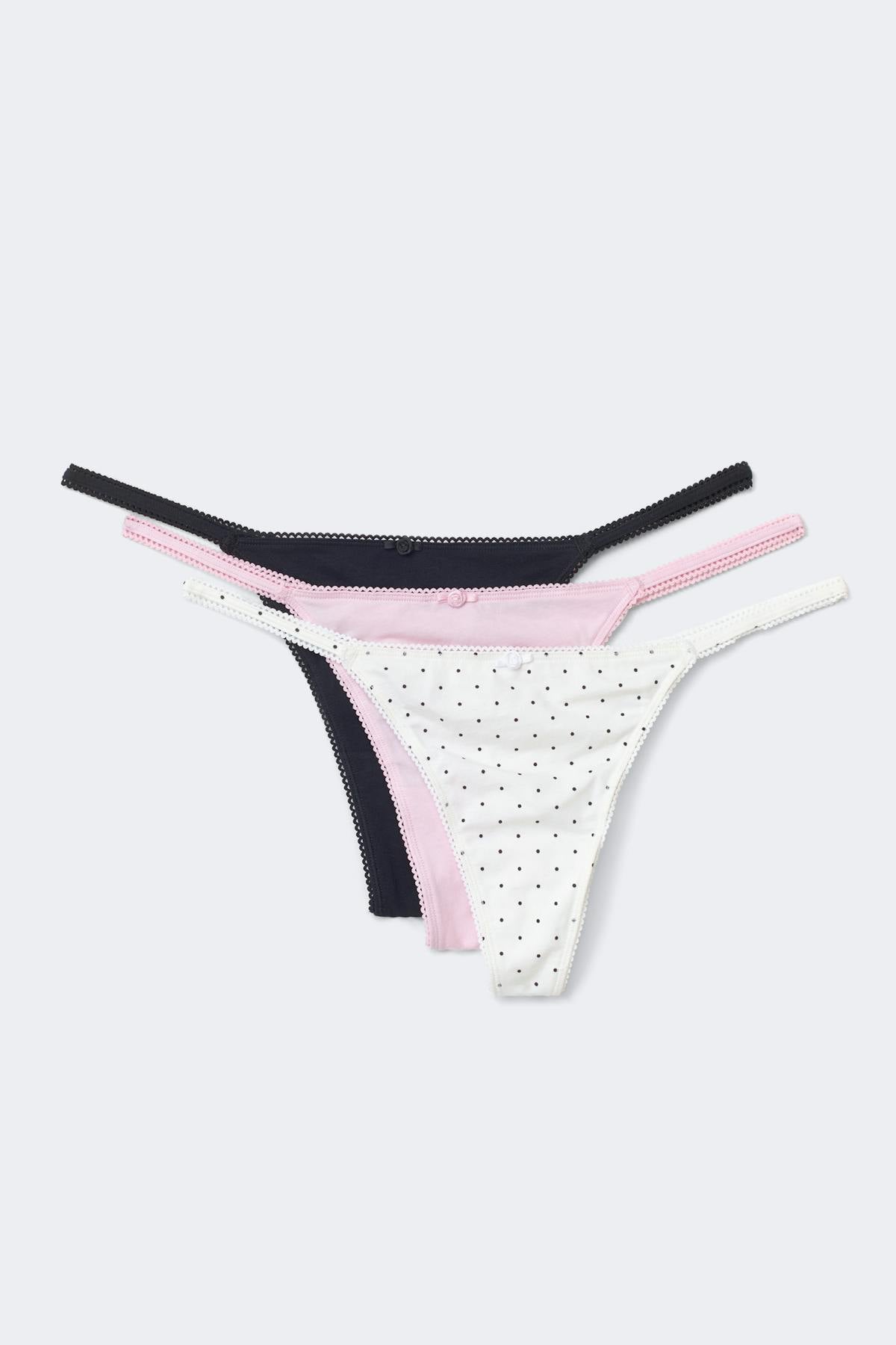 3-pack cotton picot thong - Black/white dot