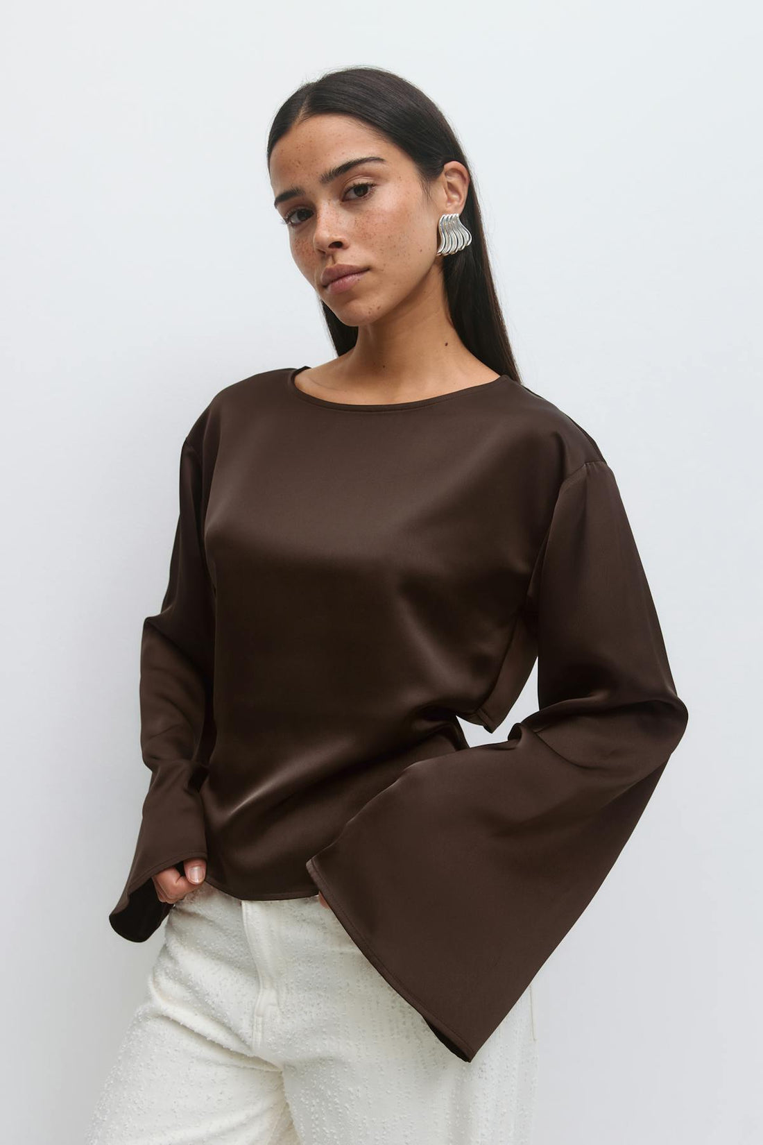Open back satin blouse - Marron foncé