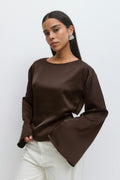 Open back satin blouse - Marron foncé