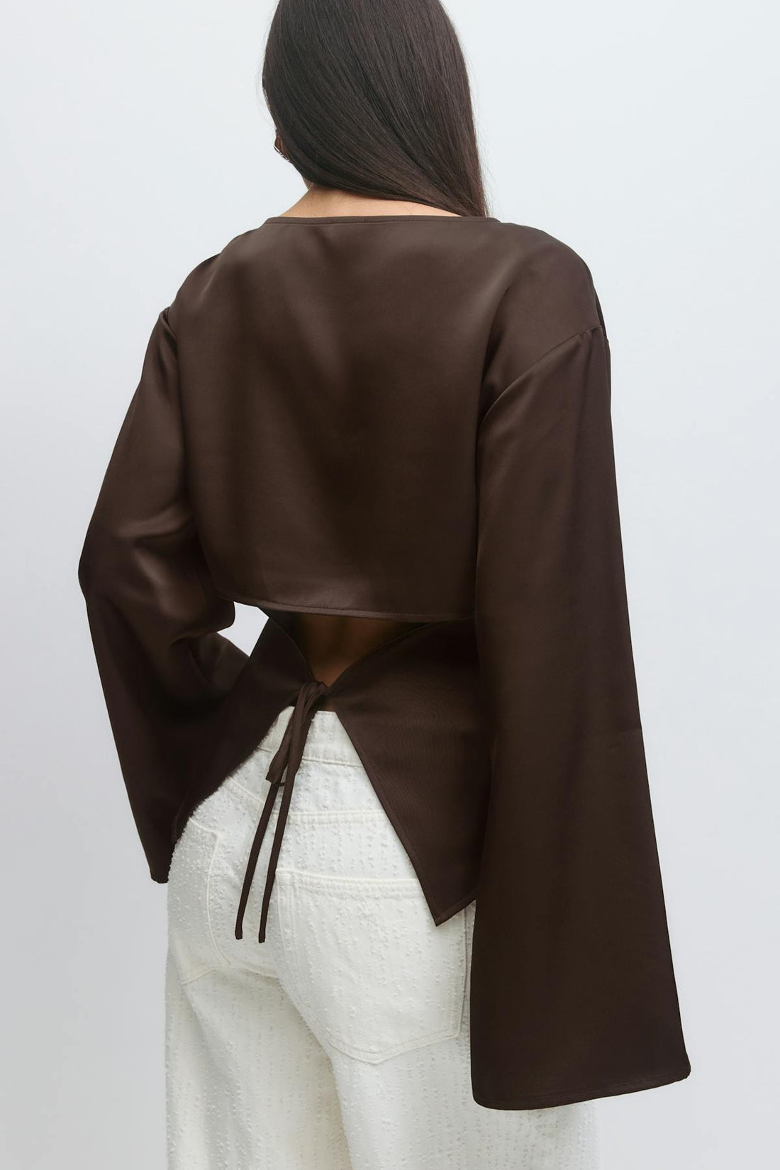 Open back satin blouse - Marron foncé