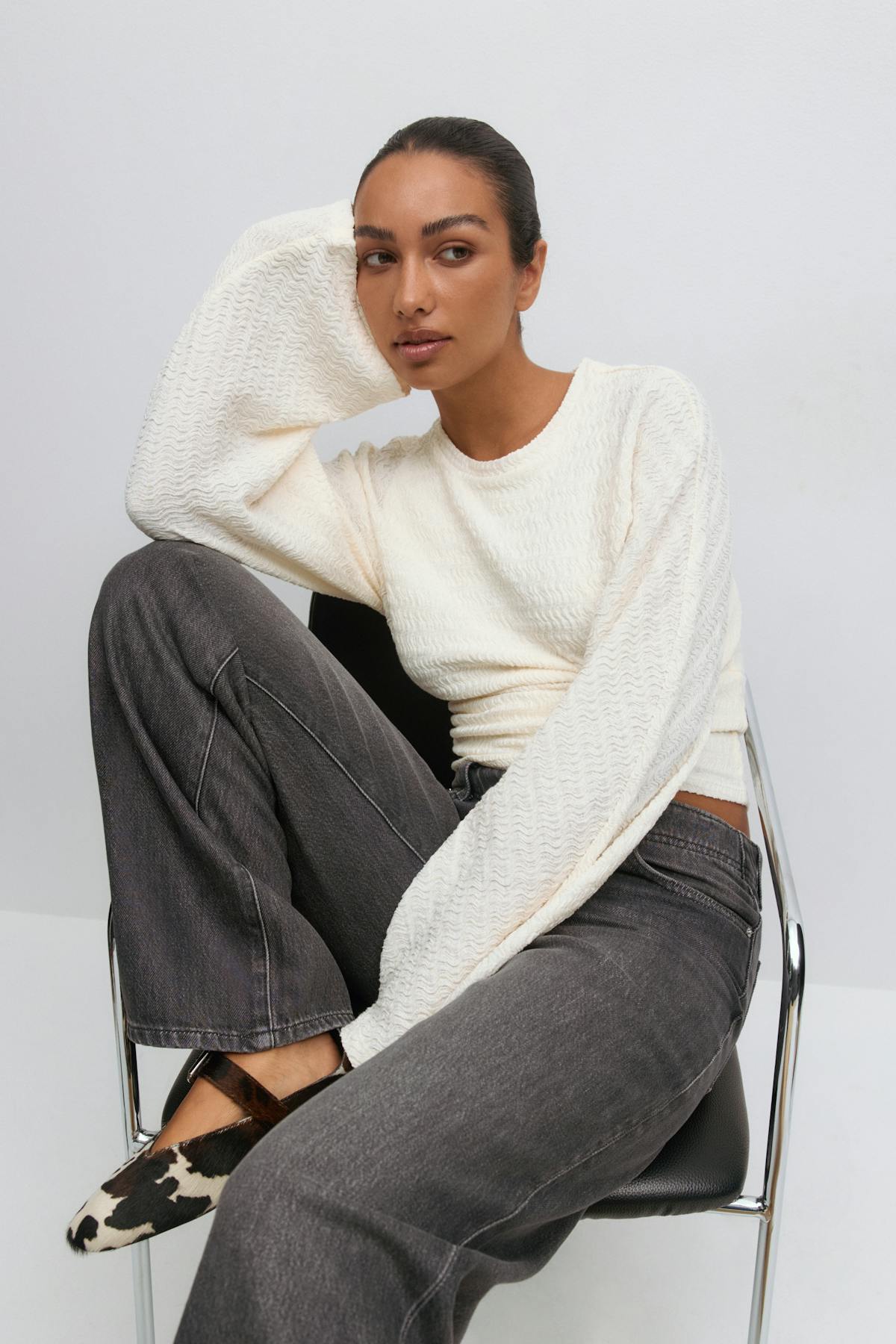 Textured wide sleeve top - Crème