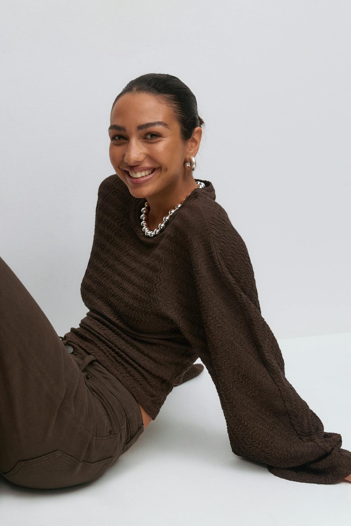 Textured wide sleeve top - Crème