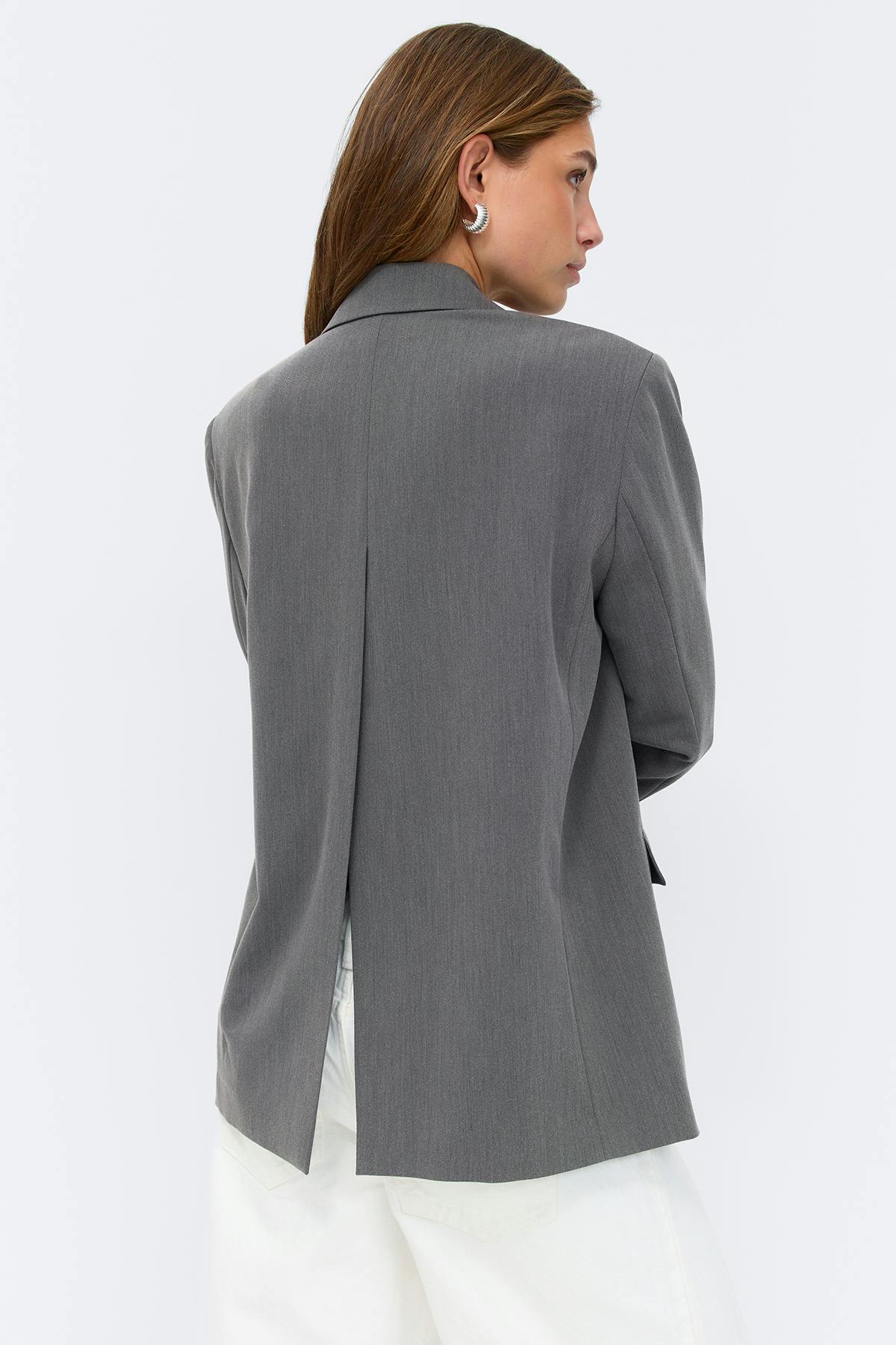 Back high slit blazer - Grey melange