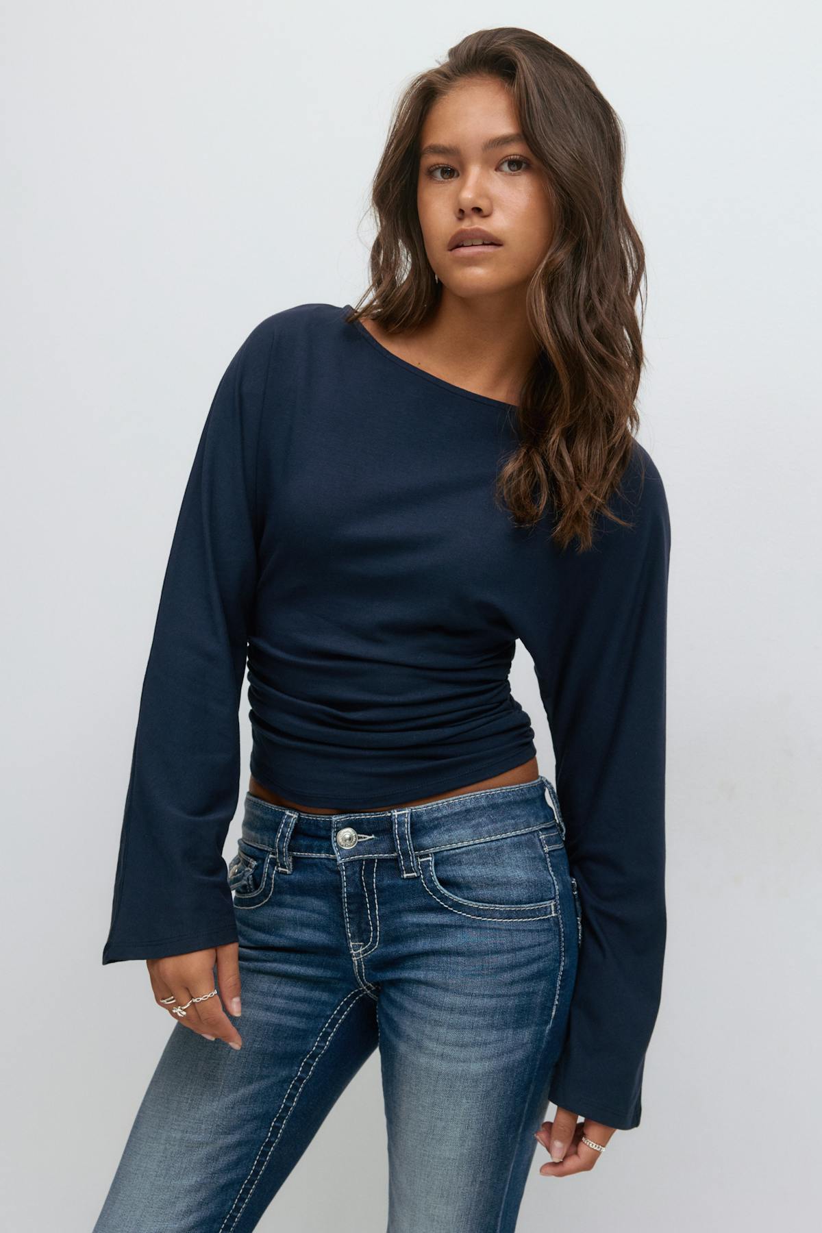 Y ruched long sleeve top - Navy blazer