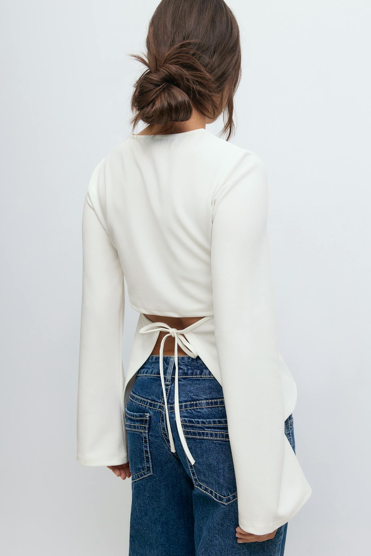 Tie back long sleeve top - Blanc cassé
