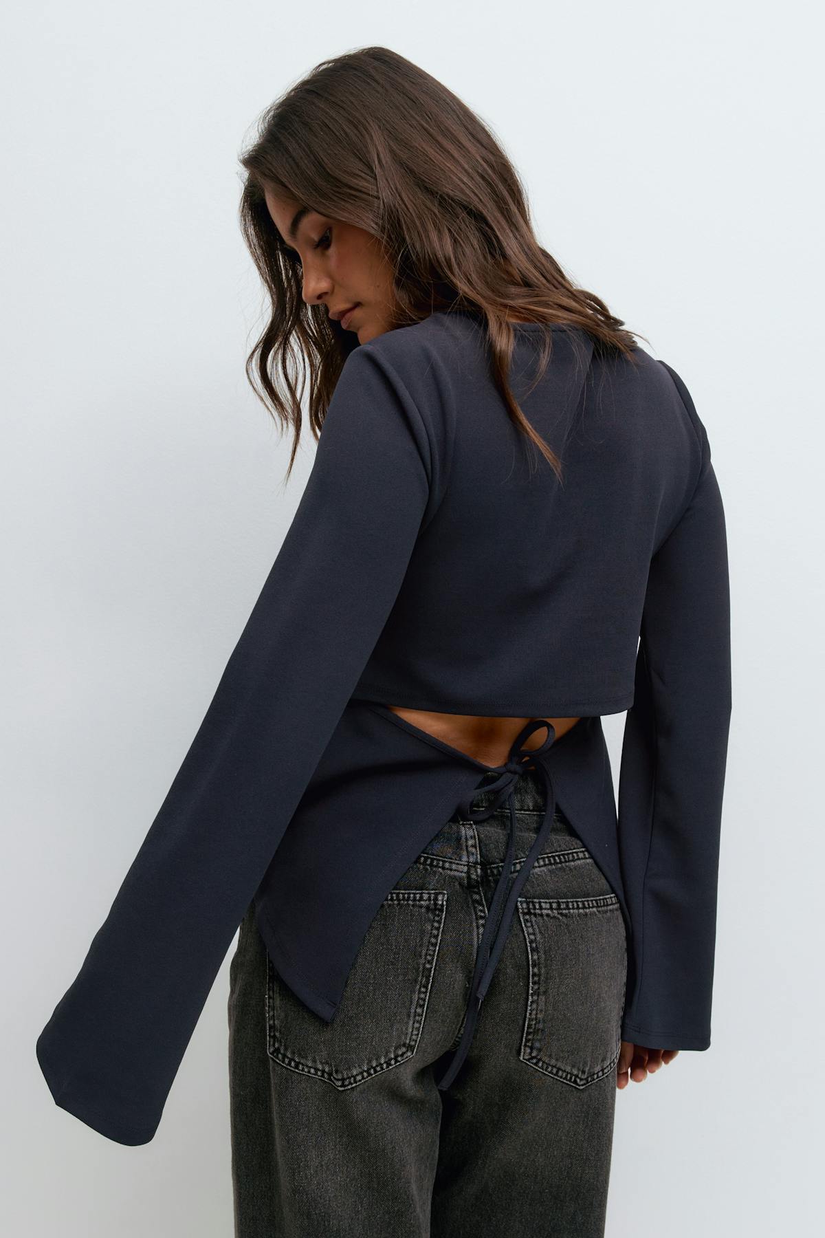Tie back long sleeve top - Navy blazer