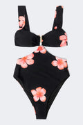 Wide strap swimsuit - Black/hibiscus