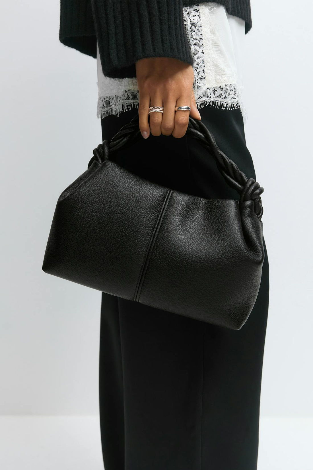 Small braided top handle bag - Noir