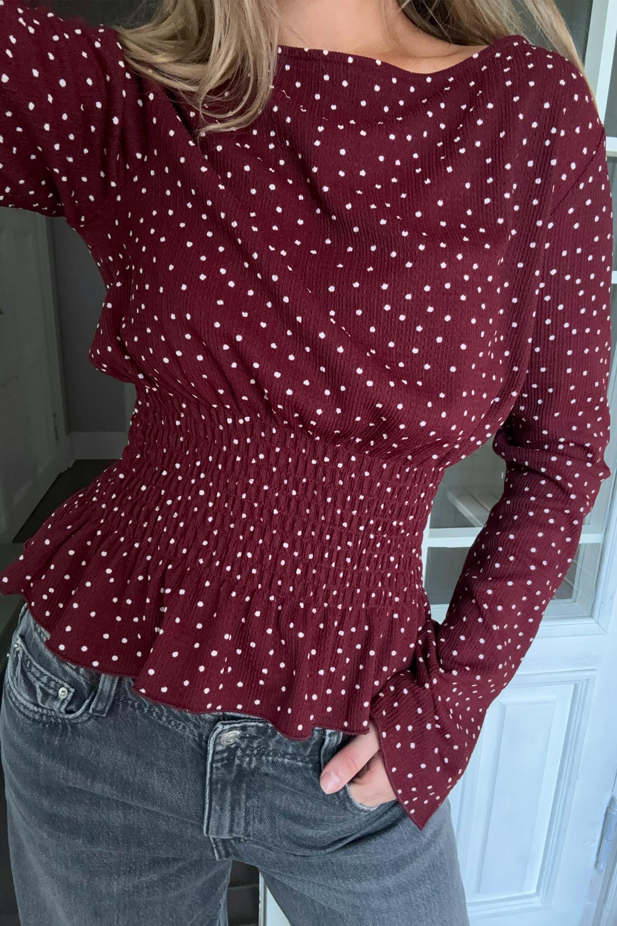 Long sleeve smock top - Brown dot aop