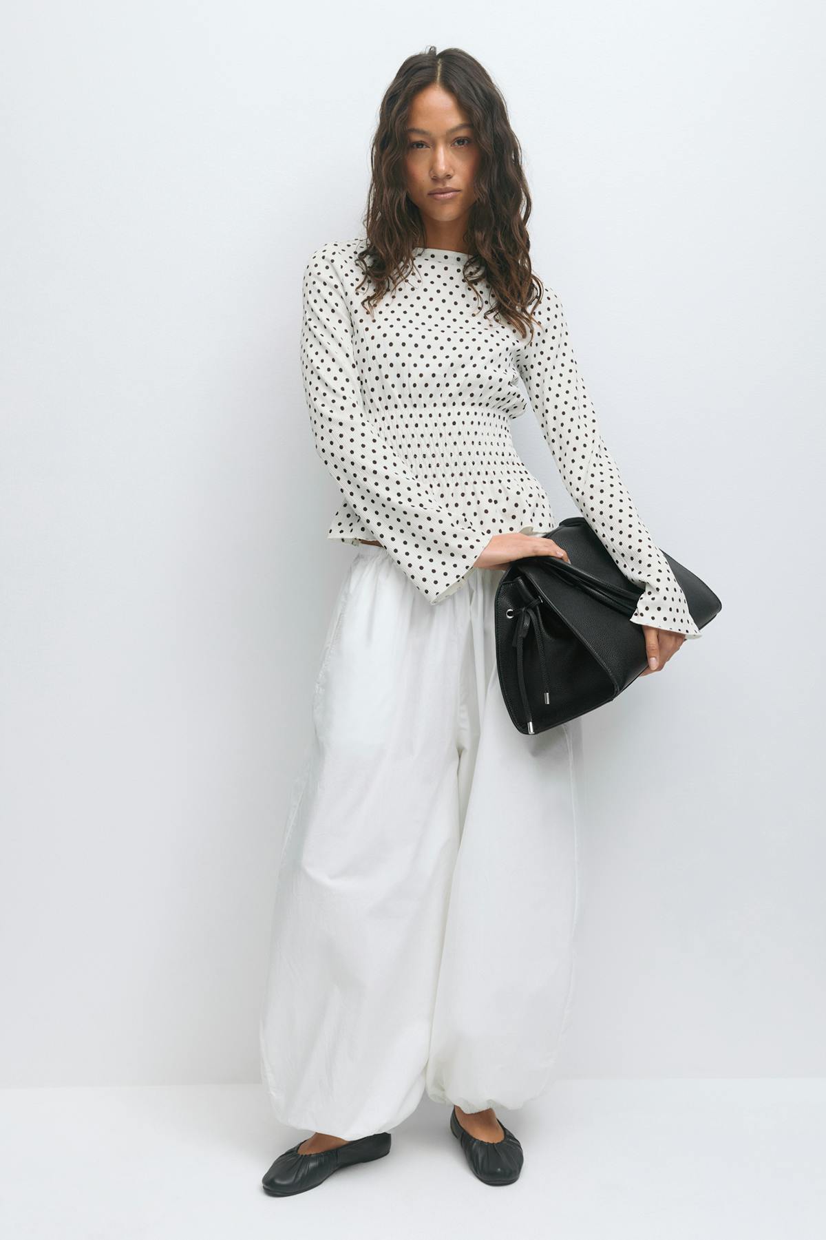 Long sleeve smock top - Brown dot aop