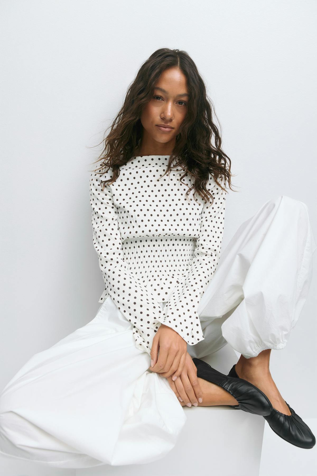 Long sleeve smock top - Brown dot aop