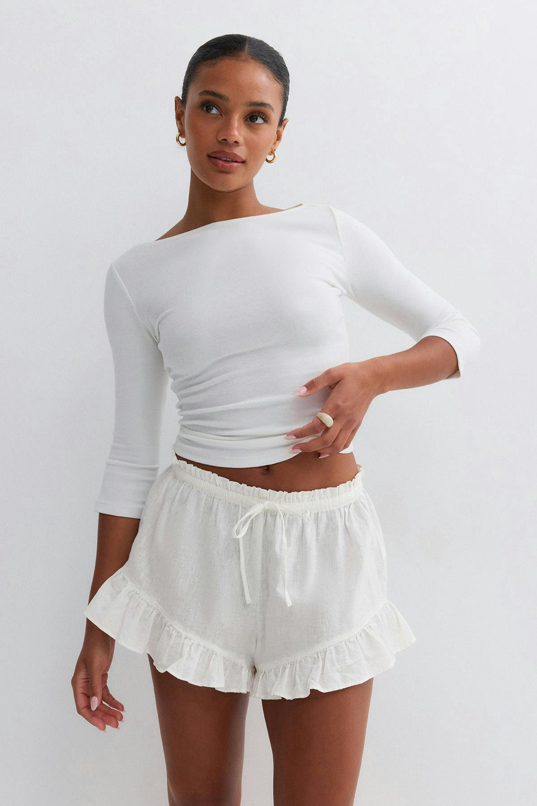 Linen blend frill shorts - Blanc