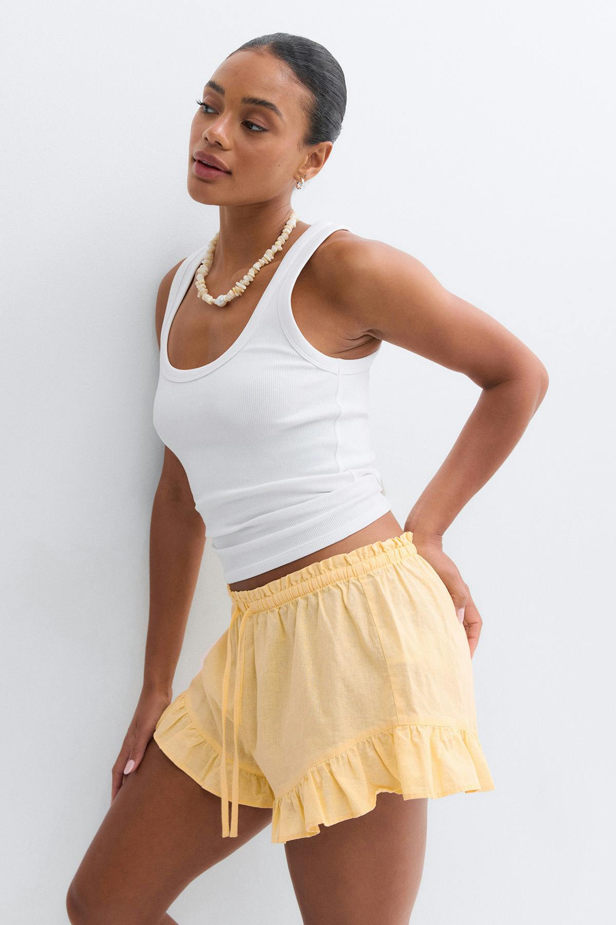 Linen blend frill shorts - Marron foncé