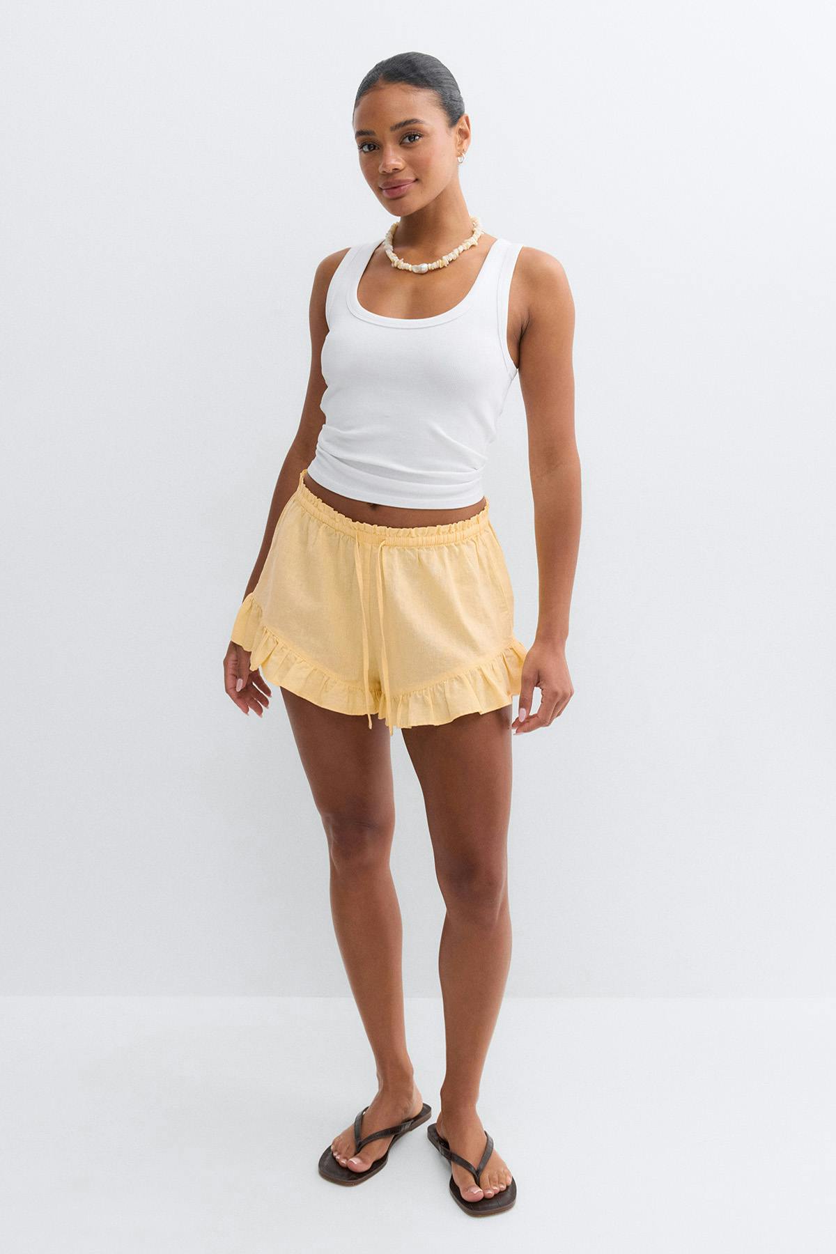 Linen blend frill shorts - Marron foncé