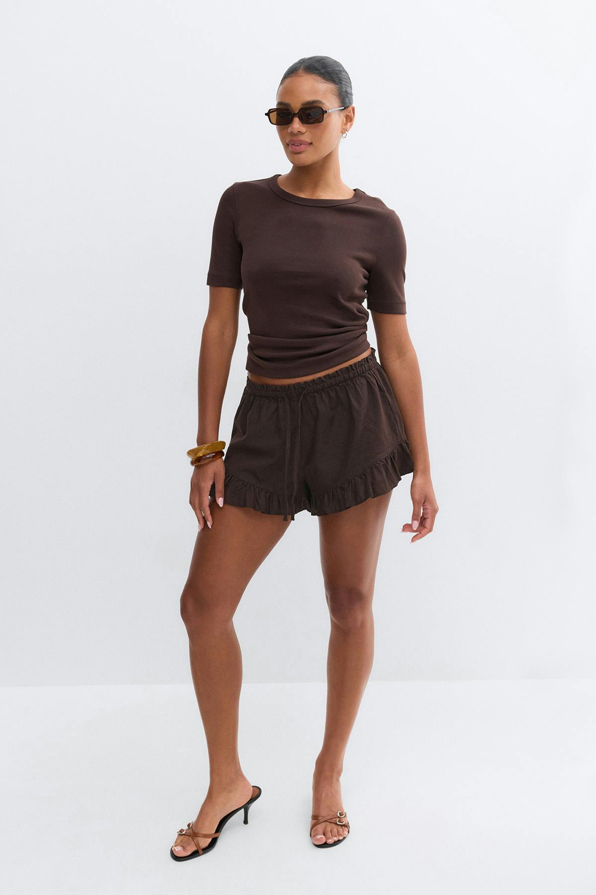 Linen blend frill shorts - Marron foncé