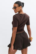 Linen blend frill shorts - Marron foncé