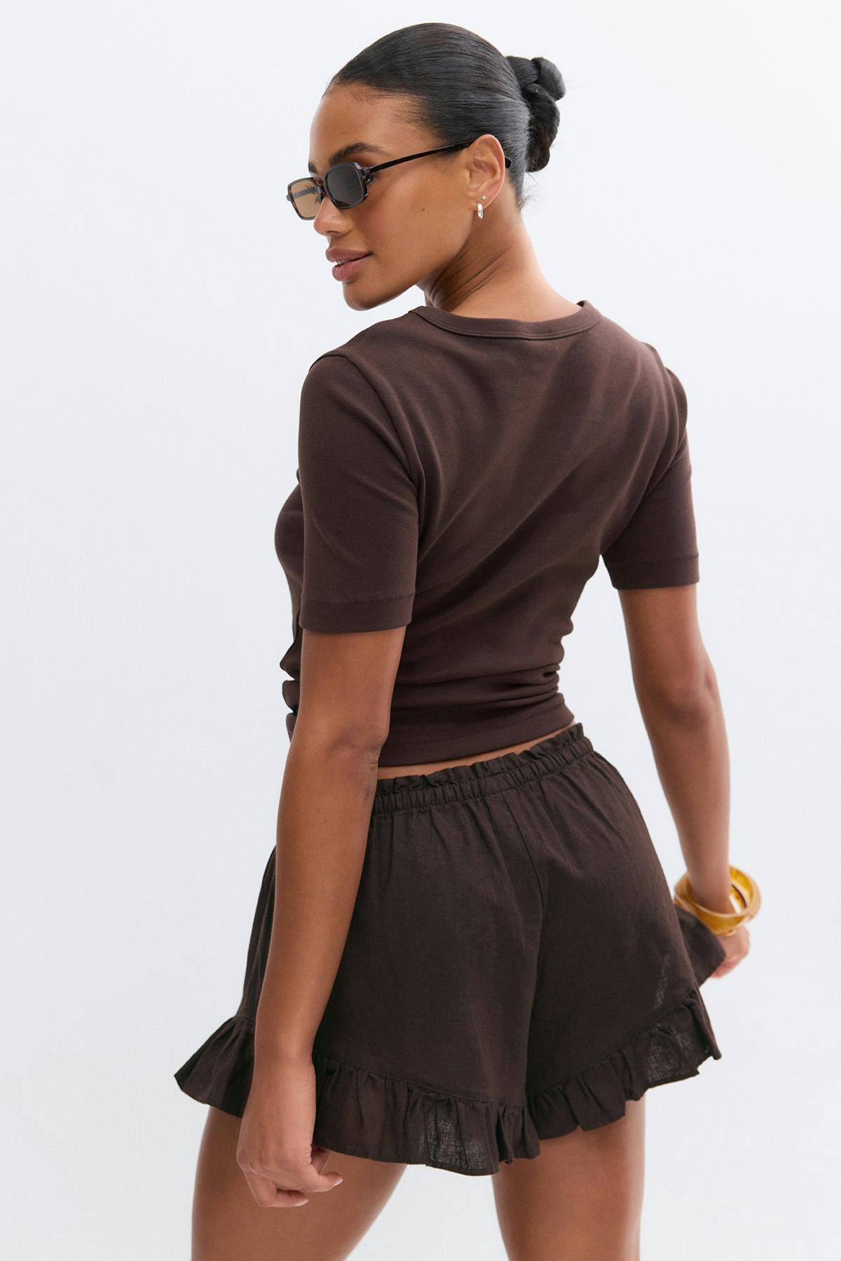 Linen blend frill shorts - Marron foncé