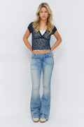 14+ pleated flare jeans - Lt vintage blue