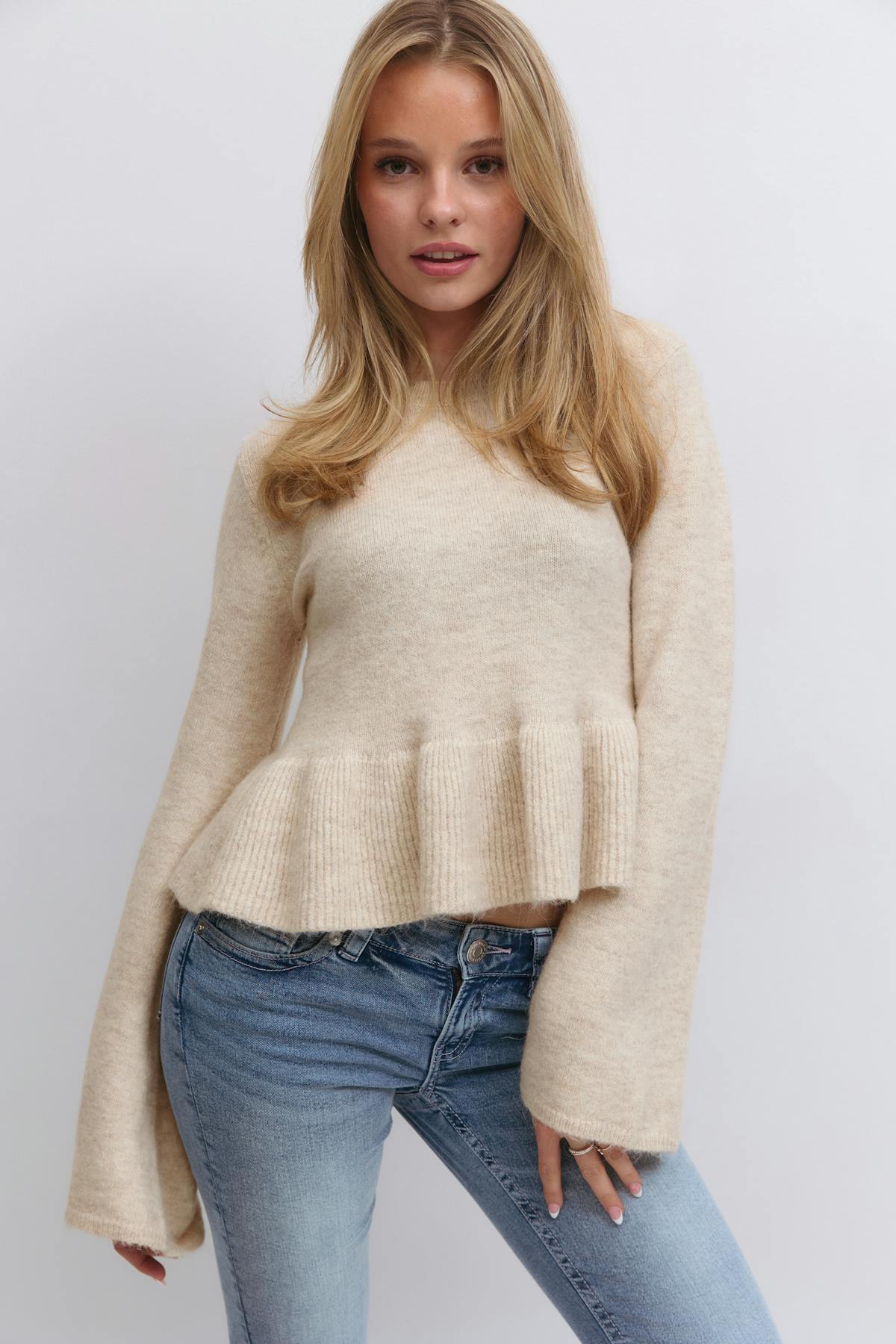 Y knitted peplum sweater - Oat melange