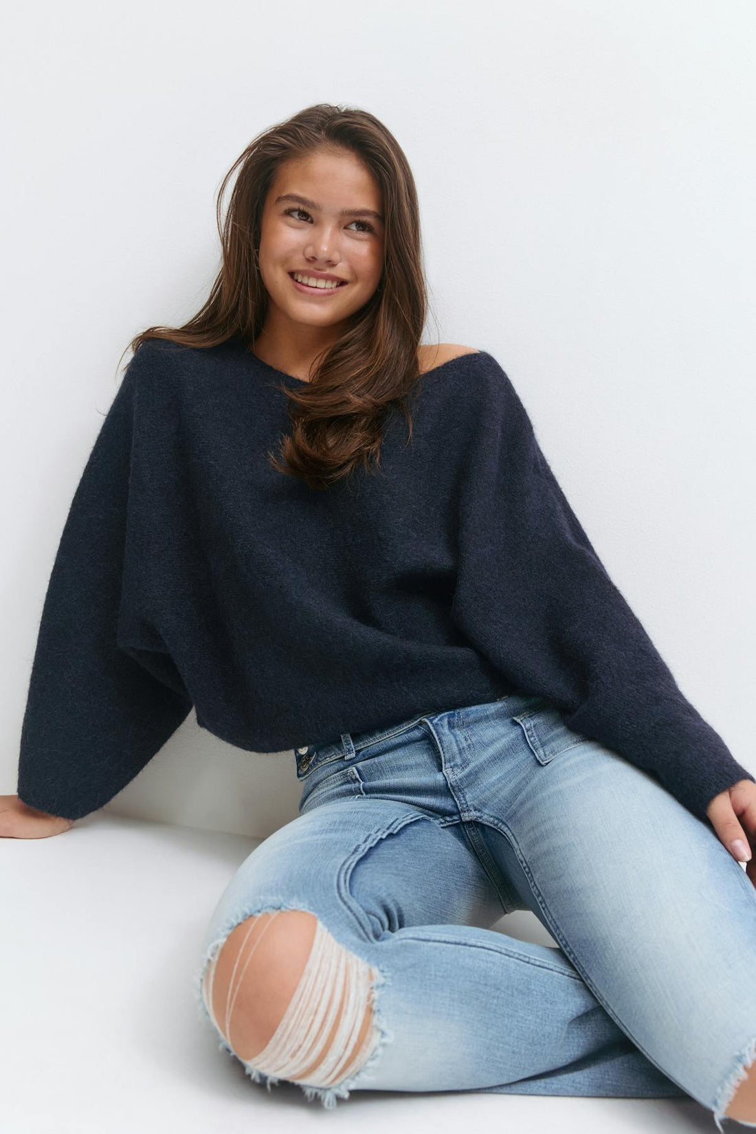 Y knitted poncho sweater - Navy blazer