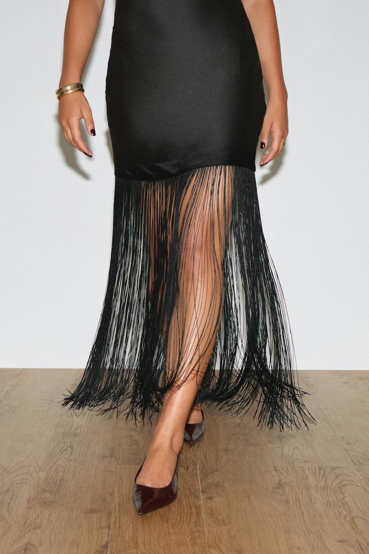 Fringe satin maxi dress - Noir