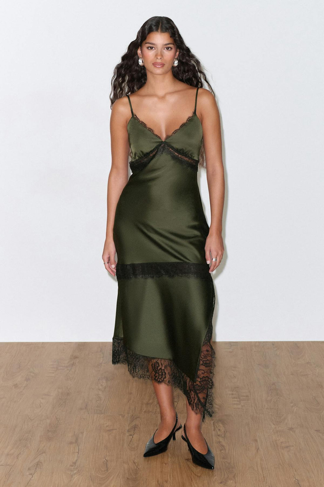 Satin lace midi dress - Vert foncé