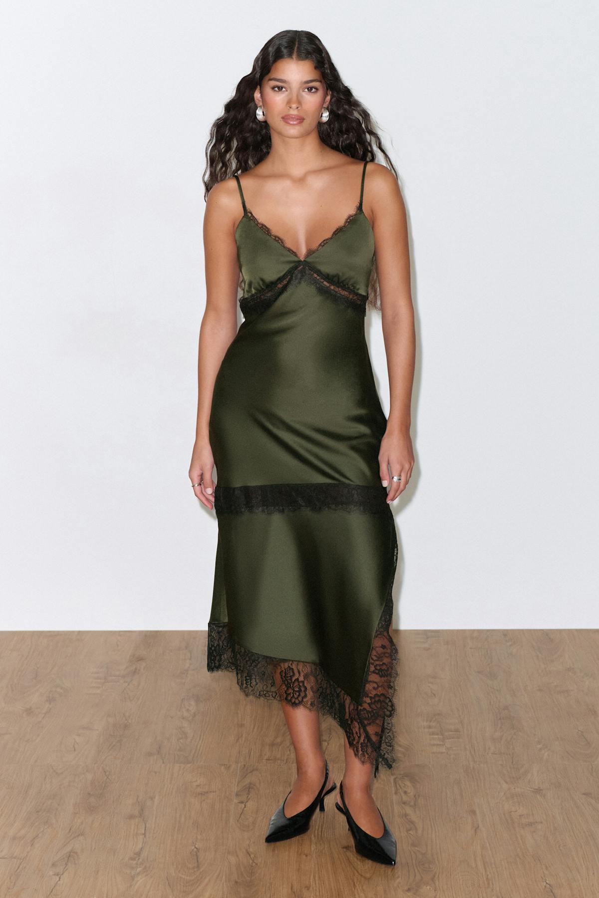 Satin lace midi dress - Vert foncé