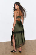 Satin lace midi dress - Vert foncé