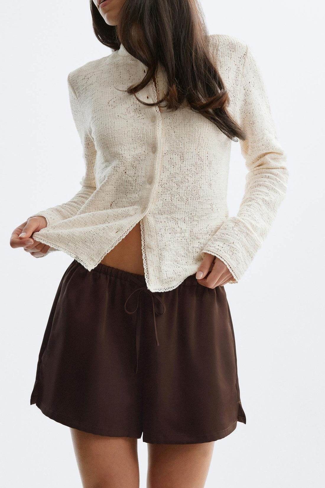 Satin drawstring shorts - Marron foncé