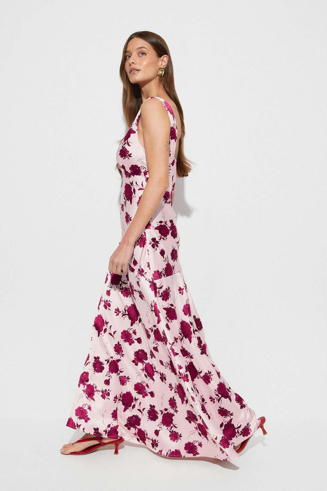 Sleeveless satin maxi dress - Block flowers