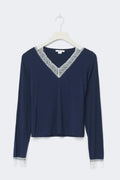 Y lace top - Navy/white