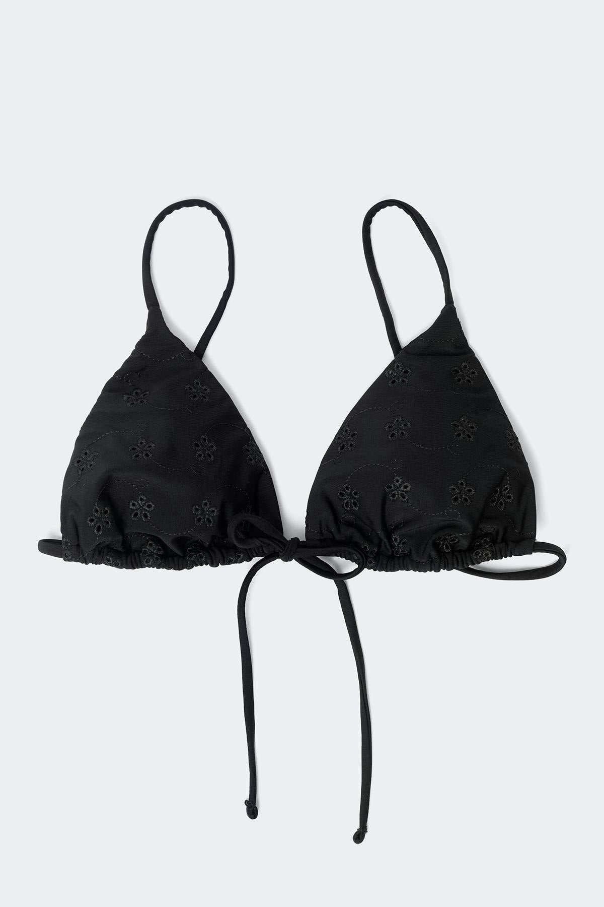 Embroidery triangle bikini top - Noir
