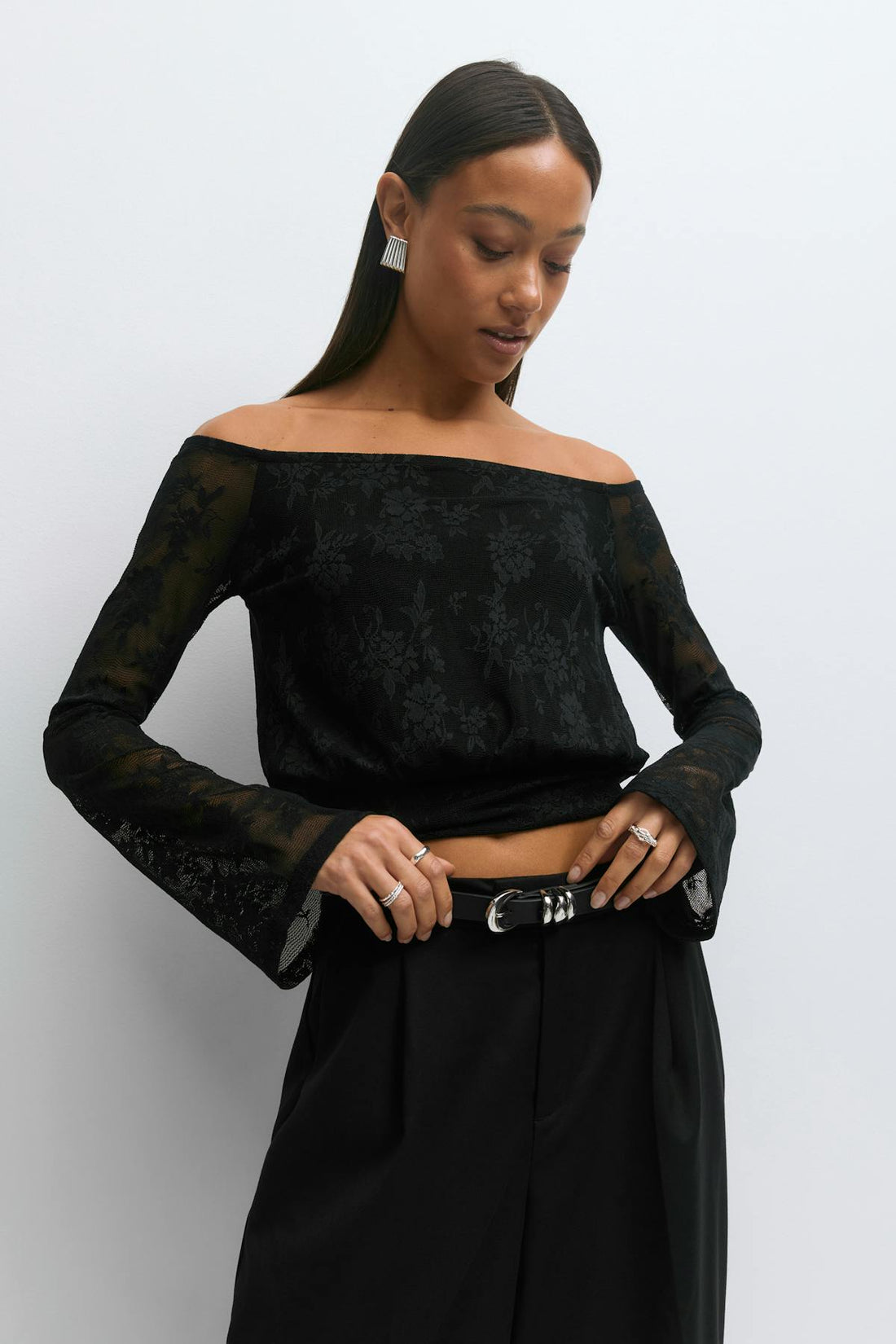 Lace off shoulder top - Noir