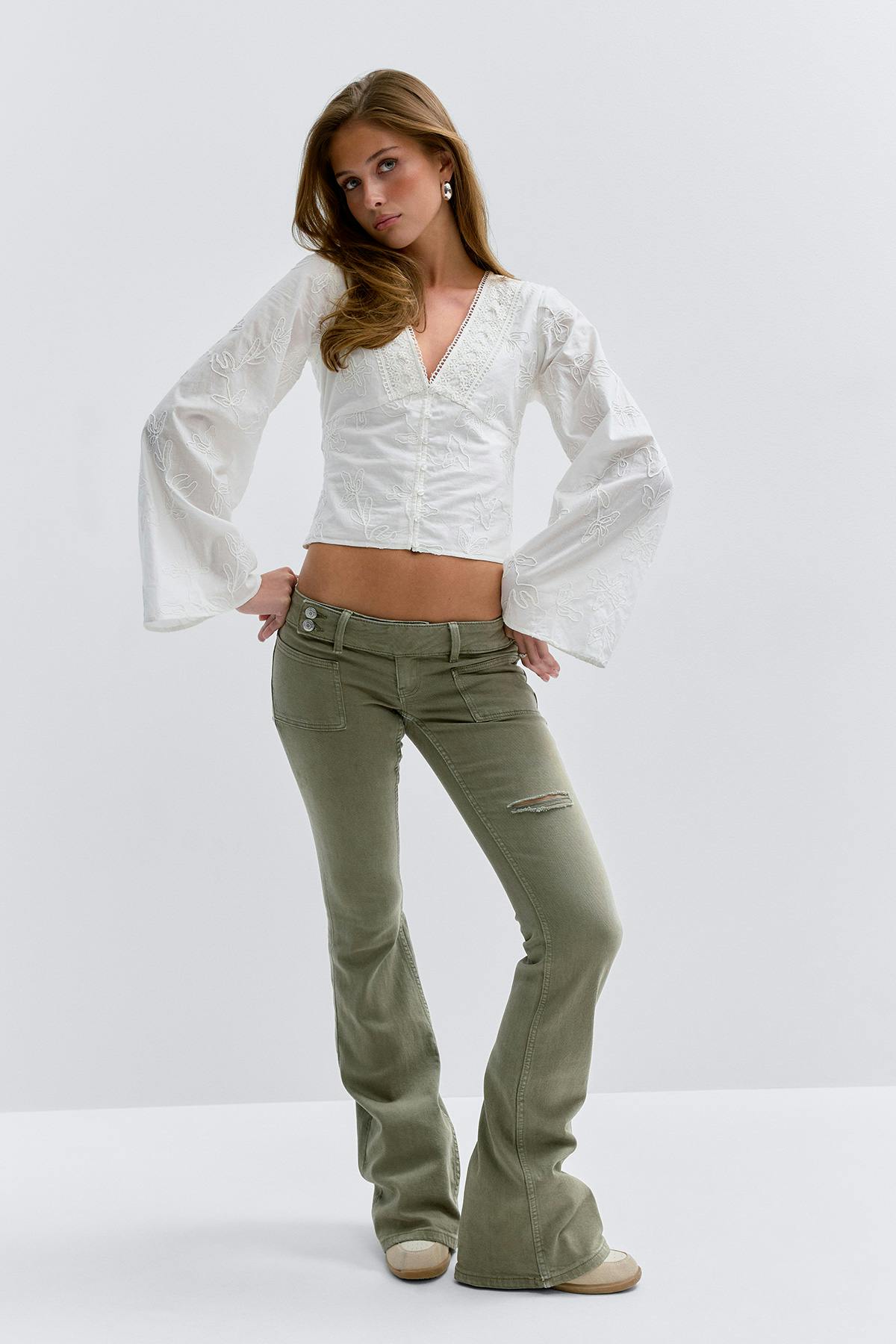 14+ pleated flare jeans - Sky blue